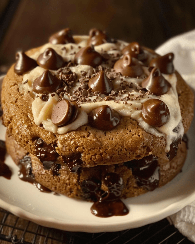 A close-up of thick Baileys Irish Cream chocolate chip cookies, topped with creamy frosting, melty chocolate chips, and chocolate drizzle.