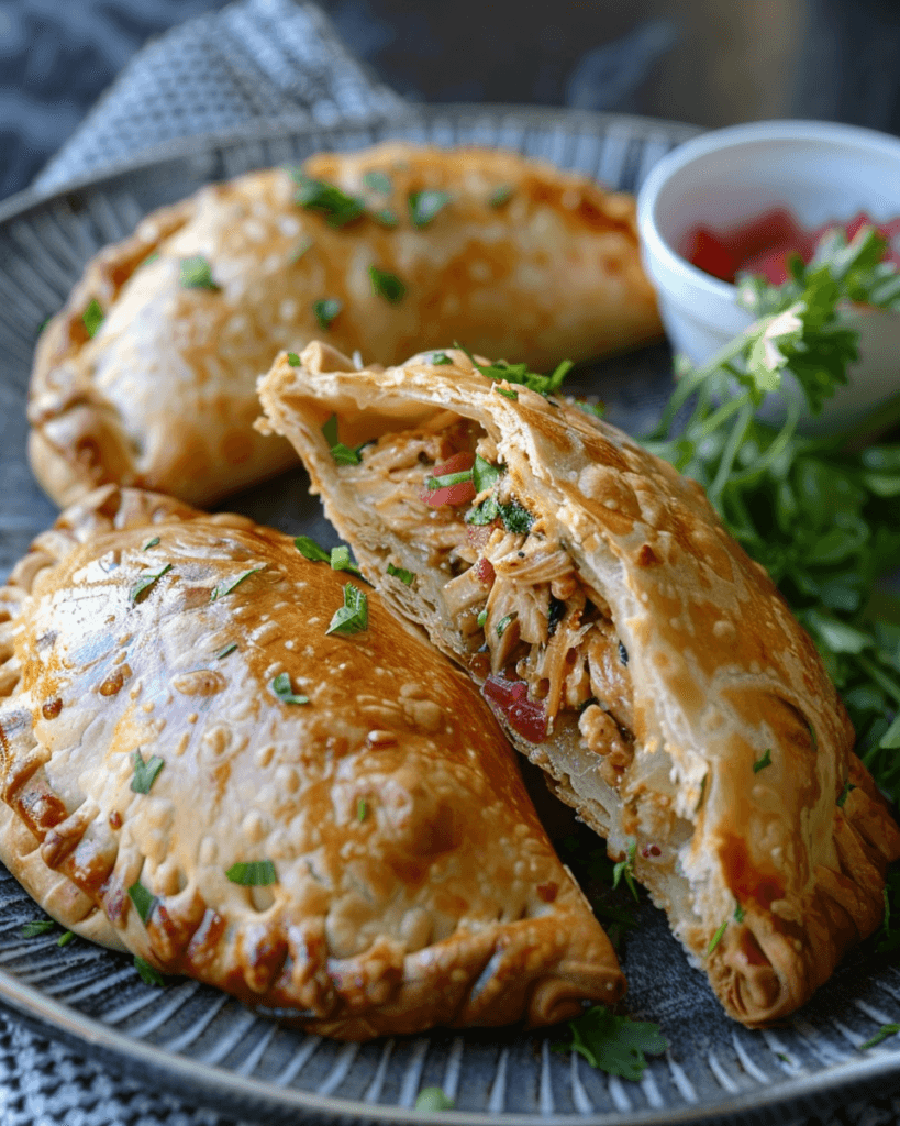 Golden-brown baked chicken empanadas with a crispy, flaky crust, filled with savory shredded chicken and garnished with fresh herbs.