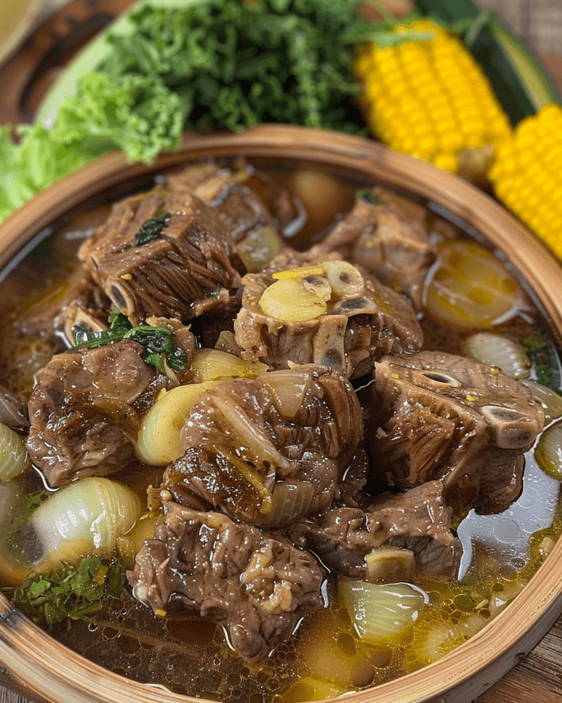 A steaming bowl of Beef Bulalo with tender beef shank, bone marrow, onions, corn, and fresh greens in a rich, savory broth.