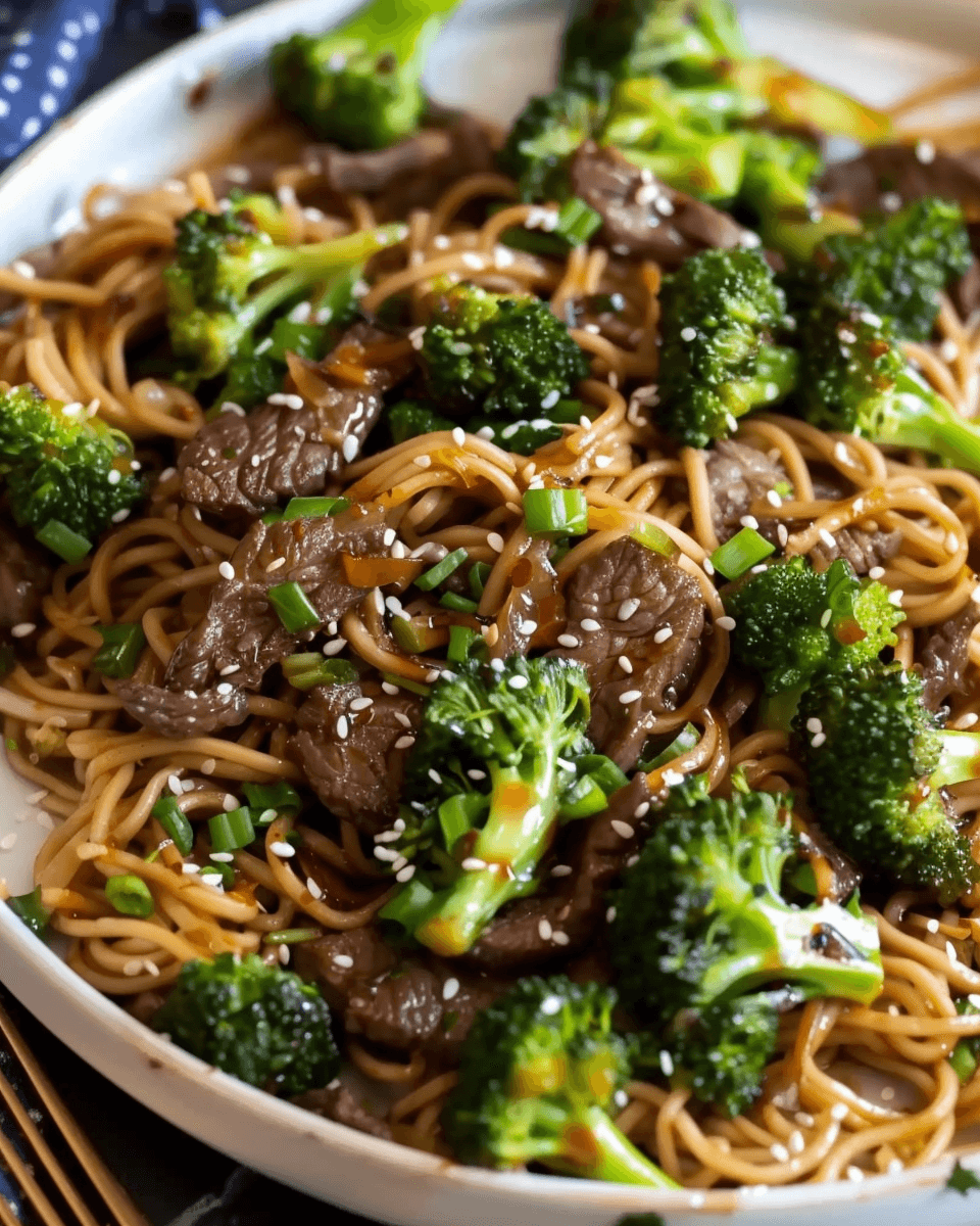 A plate of beef and broccoli noodles garnished with sesame seeds and chopped green onions, coated in a savory sauce.
