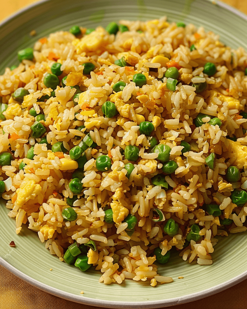 A plate of golden fried rice with green peas, scrambled eggs, and finely chopped vegetables, seasoned to perfection.