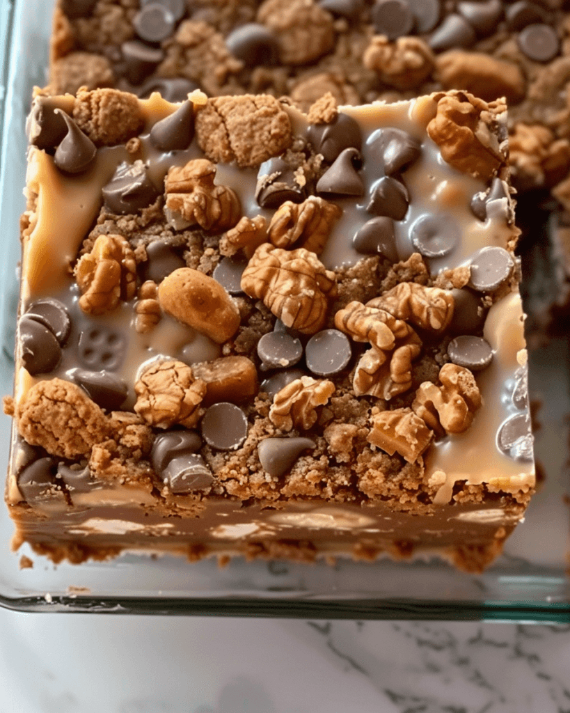 Close-up of a Biscoff Magic Cookie Bar with chocolate chips, chopped nuts, cookie crumbs, and drizzled sweetened condensed milk