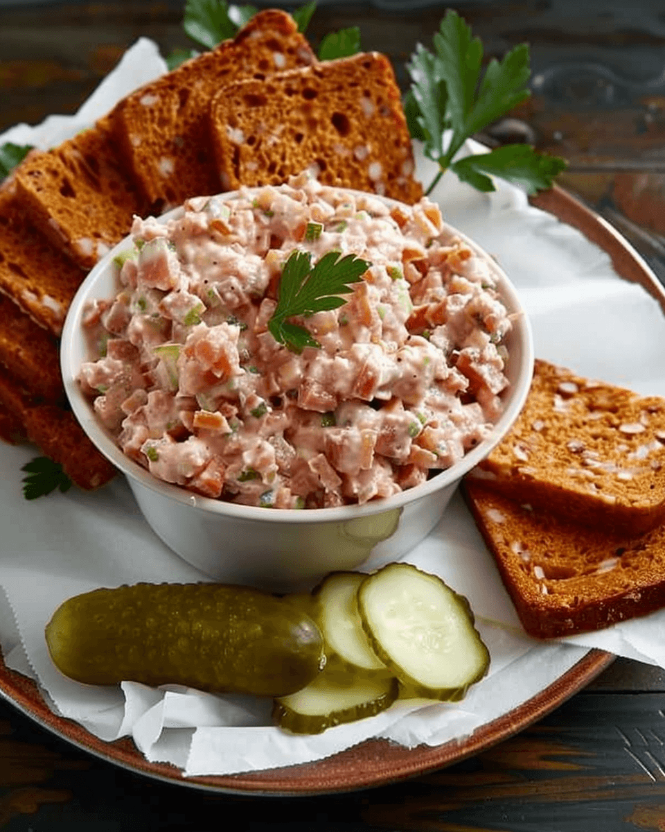A bowl of creamy bologna salad spread garnished with parsley, served with crispy toast and pickles on a rustic plate.