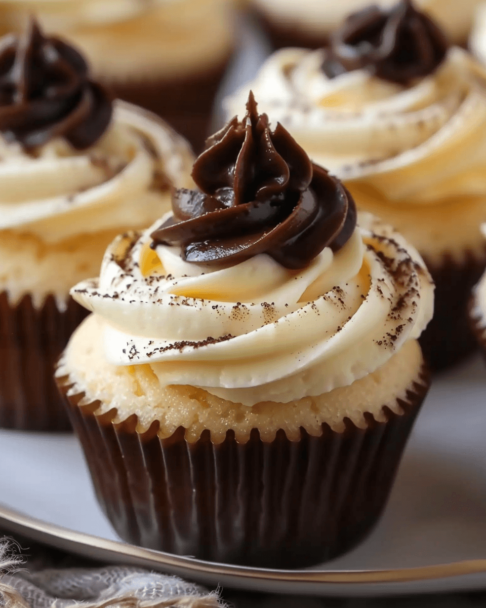 A close-up of a Boston Cream Pie cupcake with vanilla frosting and a swirl of rich chocolate ganache, dusted with cocoa powder.