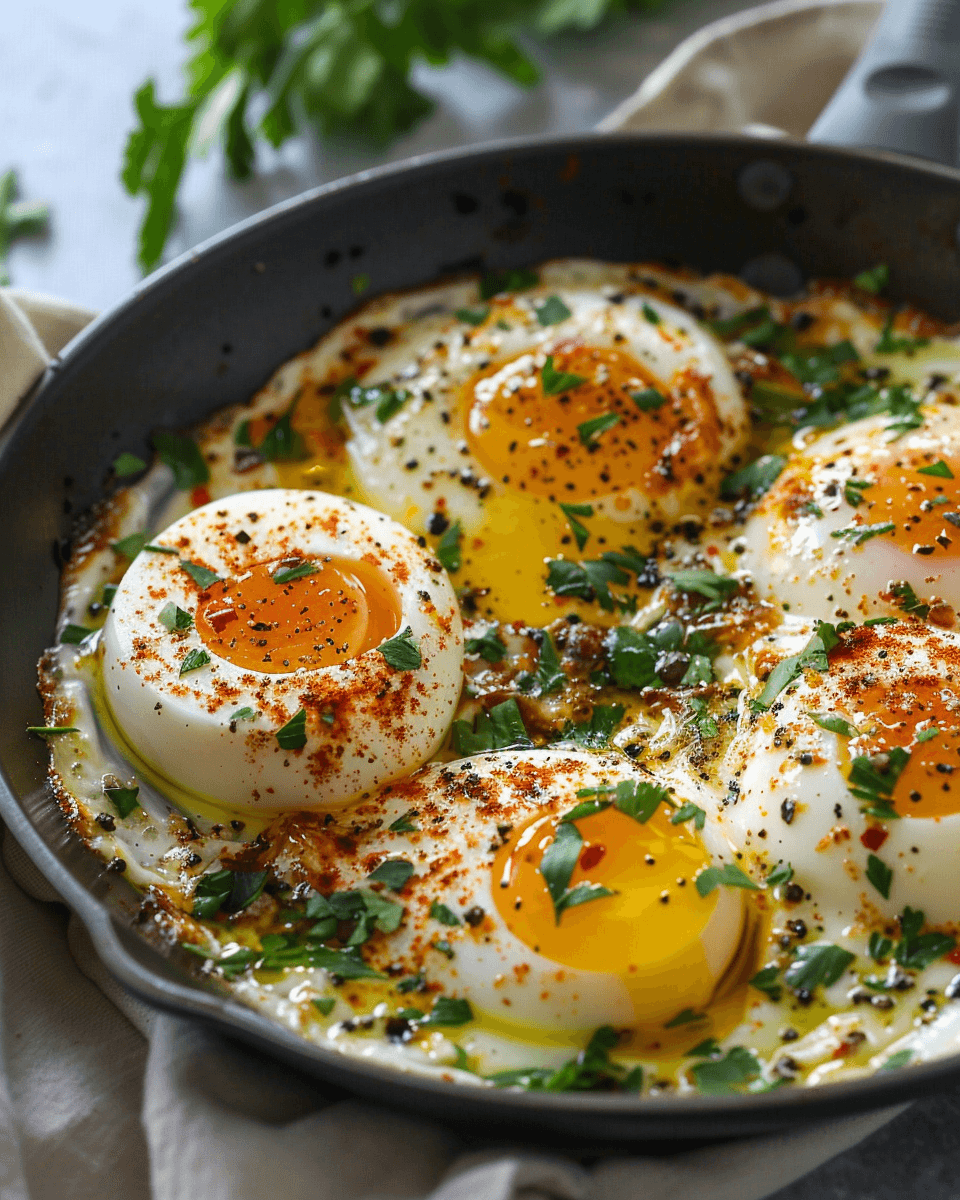 Butter garlic eggs in a skillet, featuring soft-boiled eggs with runny yolks, cooked in a rich garlic butter sauce and garnished with fresh herbs and spices.