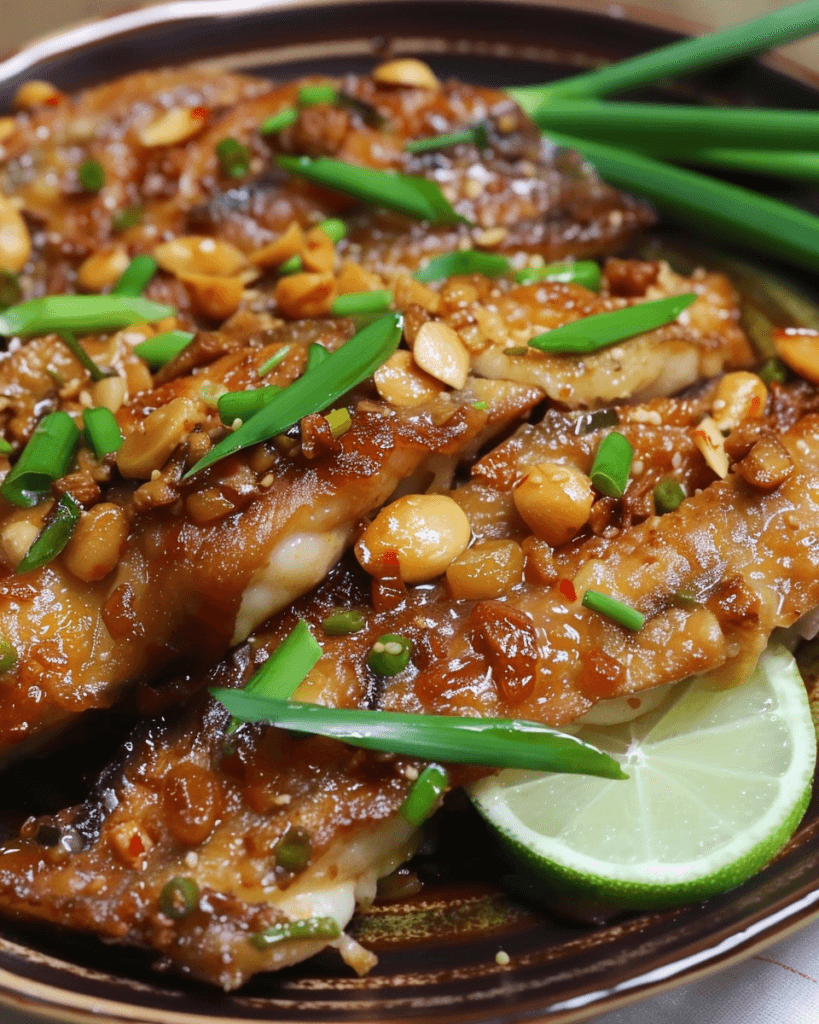 Crispy fried bangus (milkfish) topped with a rich buttered garlic bagoong sauce, garnished with peanuts, green onions, and lime slices.