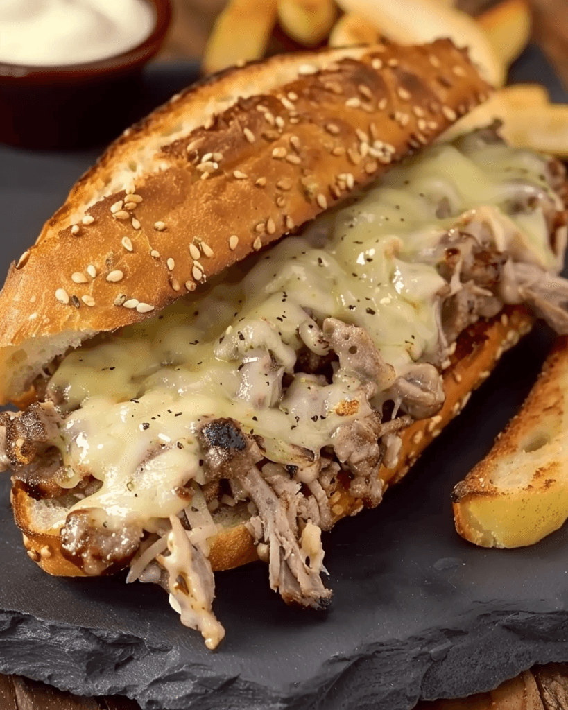 Toasted sesame garlic bread stuffed with shaved steak, caramelized onions, and melted cheese, served with fries and a dipping sauce