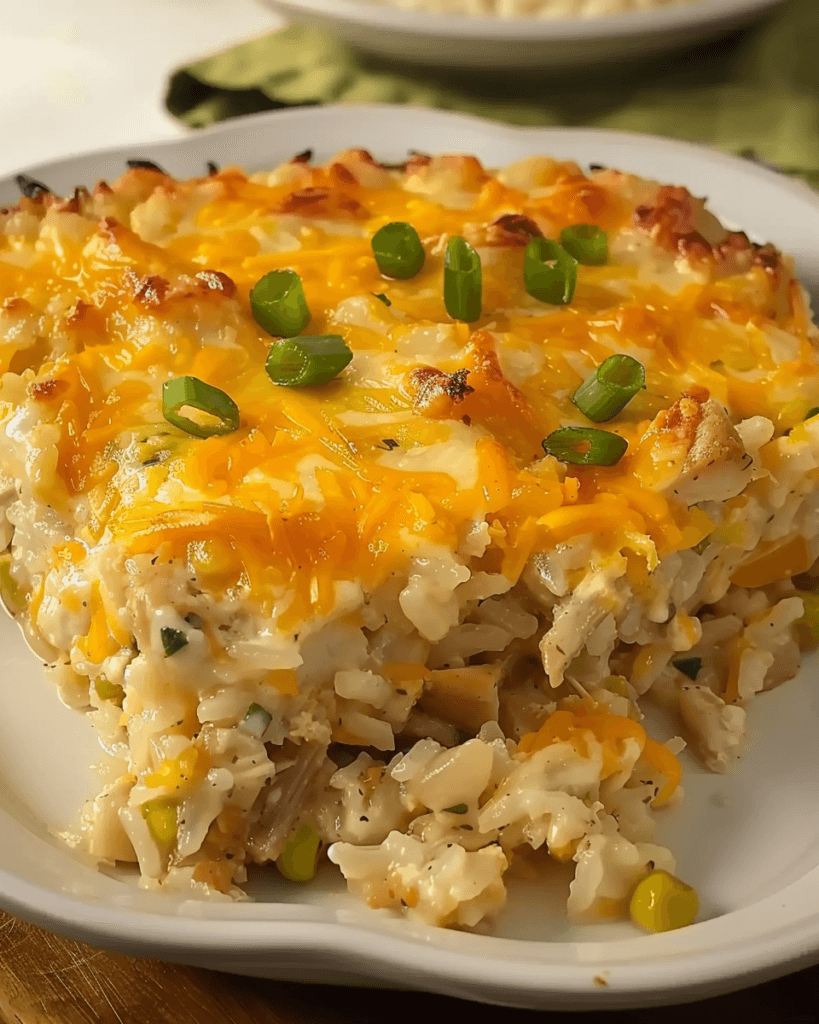A close-up of a cheesy chicken and rice bake casserole, topped with melted Cheddar cheese and garnished with chopped green onions.