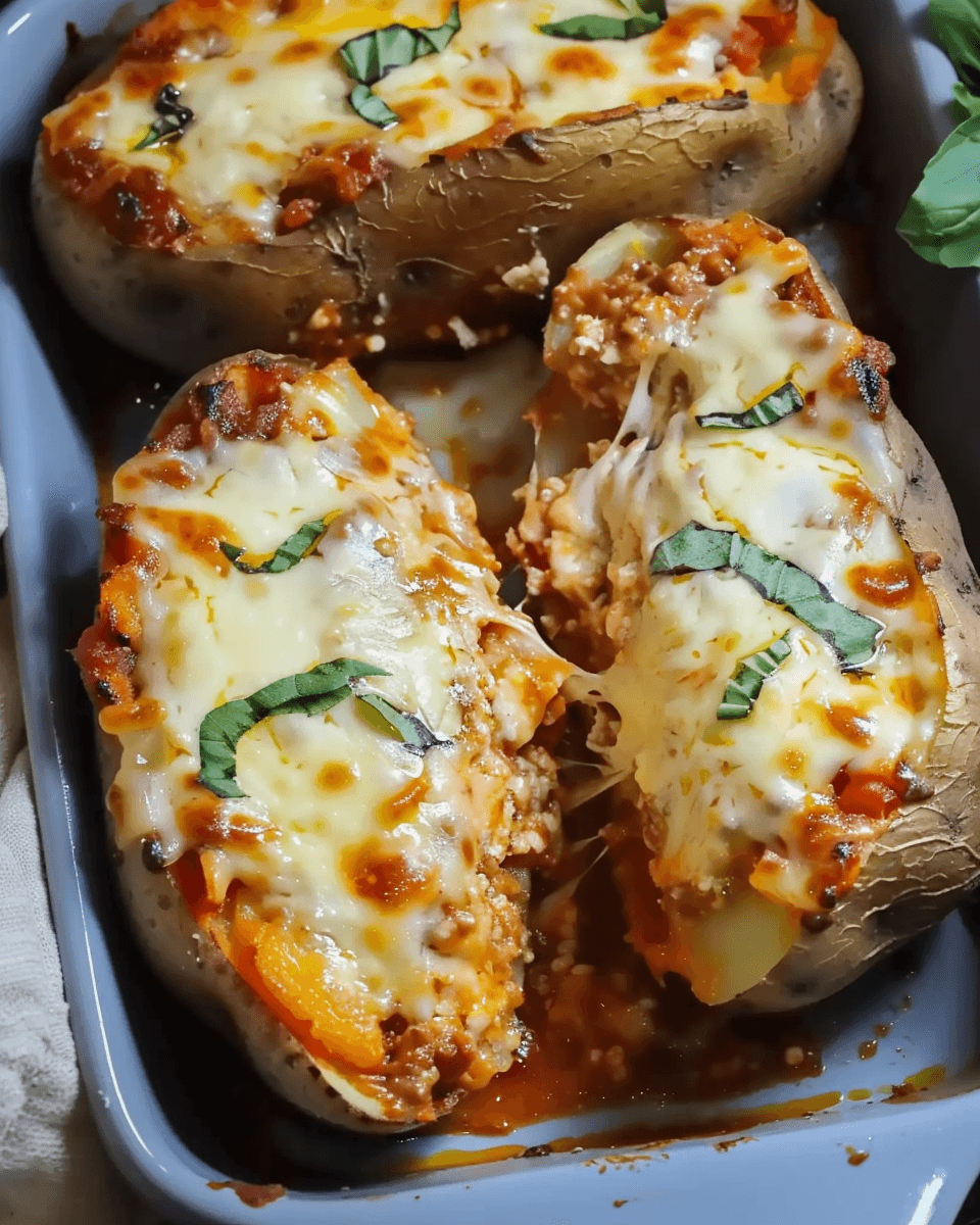 Cheesy Lasagna Baked Potatoes topped with melted mozzarella and fresh basil in a baking dish.