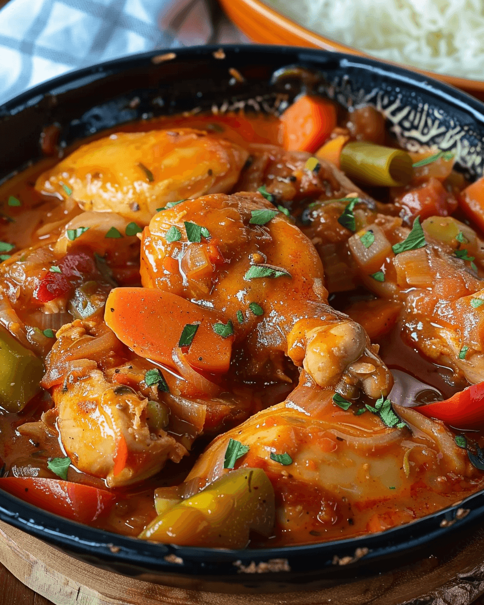 A flavorful pot of Chicken Caldereta with tender chicken, carrots, bell peppers, and potatoes in a rich tomato-based sauce, garnished with fresh herbs.
