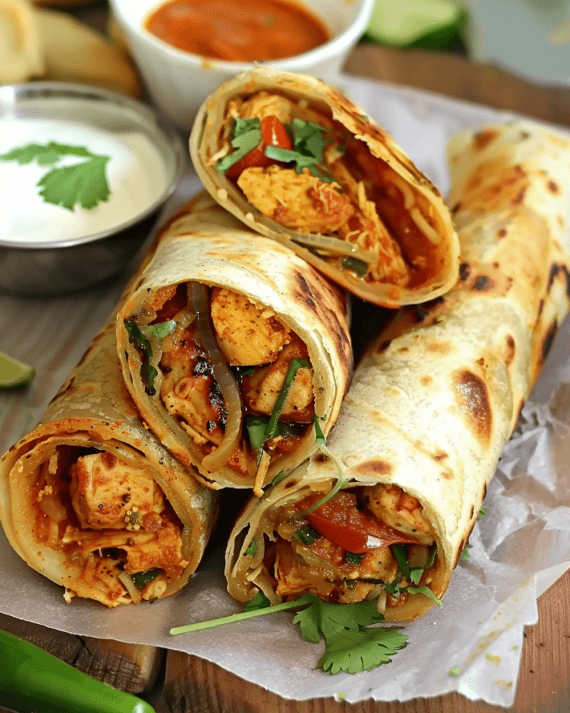 Three Chicken Kathi Rolls filled with spiced grilled chicken, onions, and herbs, wrapped in golden parathas, served with dipping sauces.