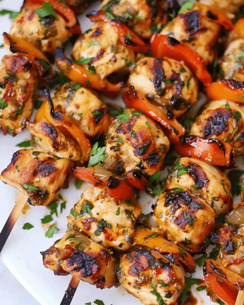 Juicy, grilled chicken kebabs with bell peppers, garnished with fresh herbs, served on a white plate.