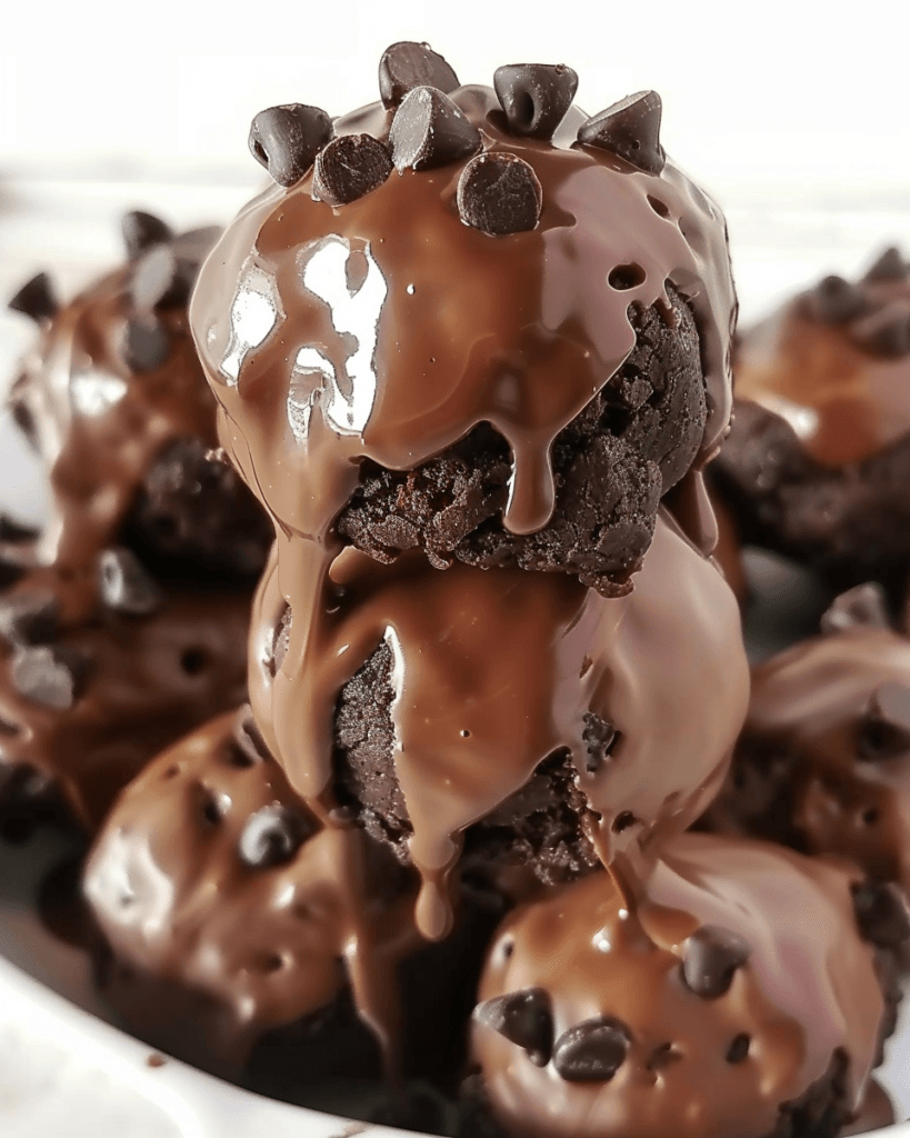 A stack of chocolate chip cookie dough brownie bombs, coated in melted chocolate and topped with chocolate chips.