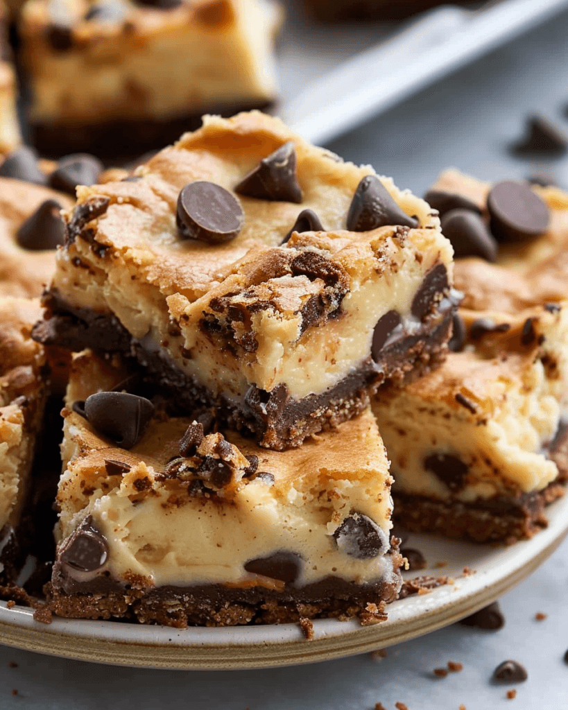 A stack of Chocolate Chip Cookie Dough Cheesecake Bars with a creamy cheesecake layer, chocolate chip cookie dough base, and chocolate chips on top