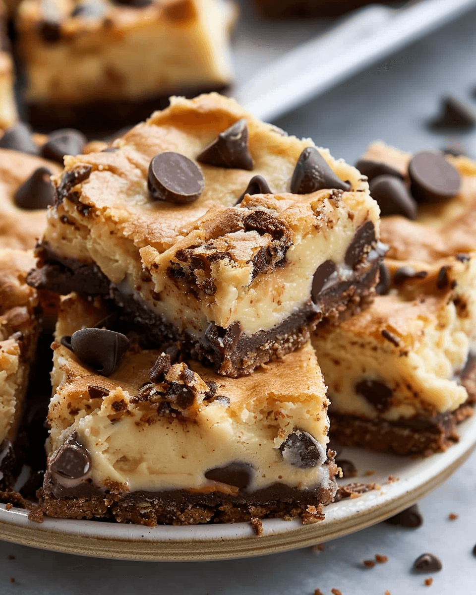 A stack of Chocolate Chip Cookie Dough Cheesecake Bars with a creamy cheesecake layer, chocolate chip cookie dough base, and chocolate chips on top