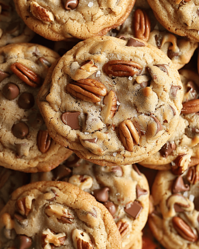 A close-up of freshly baked chocolate chip toffee pecan cookies with golden-brown edges, melted chocolate chips, crunchy toffee bits, and toasted pecans, sprinkled with sea salt.