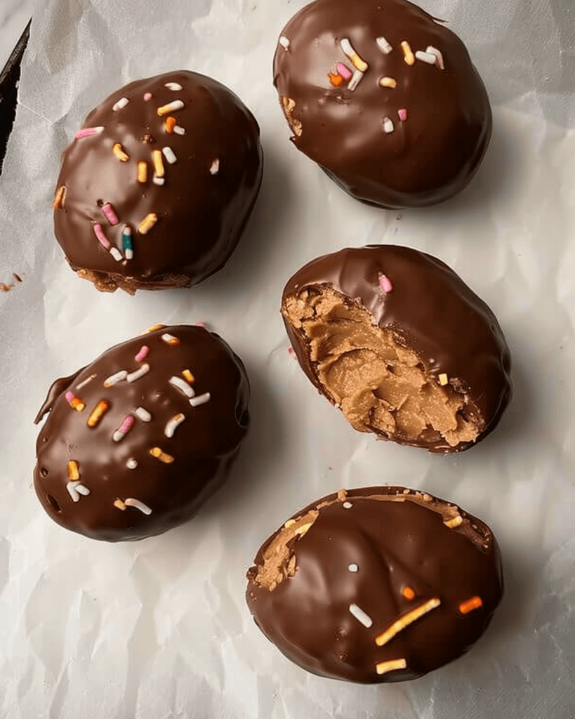 Homemade chocolate-covered peanut butter Easter eggs with a creamy peanut butter filling, topped with colorful sprinkles.