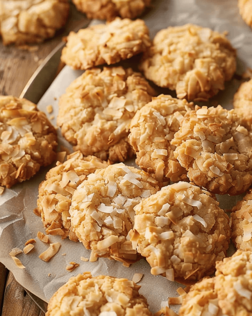 Golden-brown coconut cookies with crisp edges and chewy centers, topped generously with toasted flaked coconut, arranged on parchment paper.