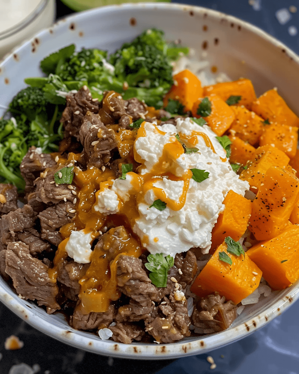 A hearty bowl filled with seasoned beef, roasted sweet potatoes, creamy cottage cheese, broccoli, and rice, drizzled with hot honey sauce.