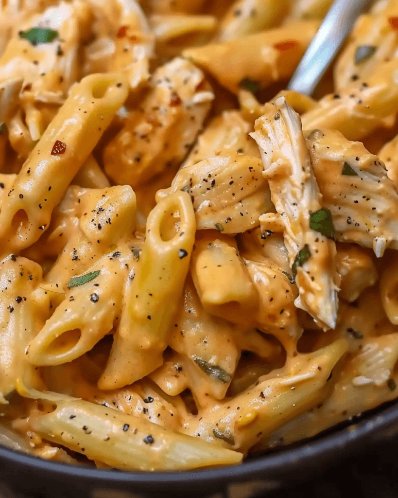 Creamy Crack Chicken Penne pasta with tender shredded chicken, a rich cheesy sauce, and ranch seasoning, garnished with black pepper and herbs.
