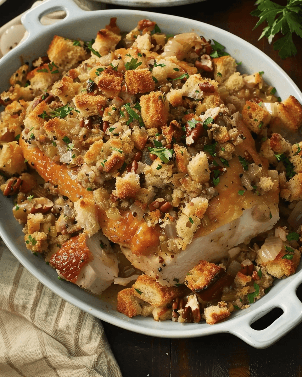 Creamy baked chicken topped with a golden, buttery stuffing crust, garnished with fresh herbs and served in a white baking dish.