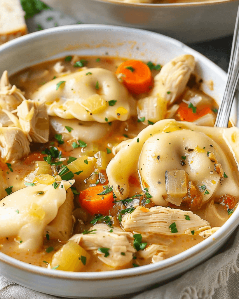 A bowl of creamy Crock Pot Chicken Pierogi Stew with tender pierogies, shredded chicken, carrots, celery, and a rich, flavorful broth, garnished with fresh parsley.