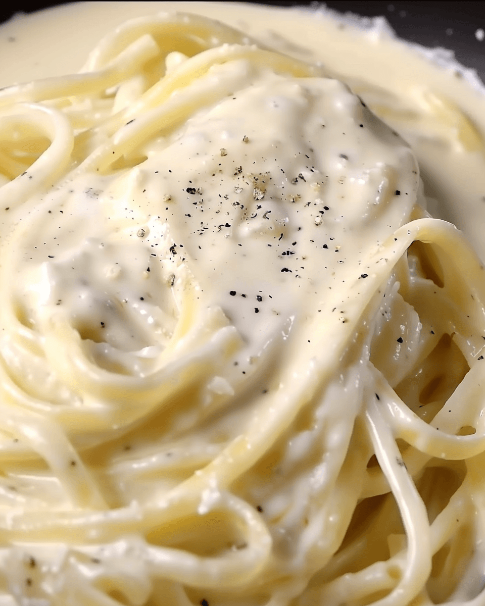 A plate of spaghetti coated in rich, creamy homemade Alfredo sauce, garnished with freshly cracked black pepper.