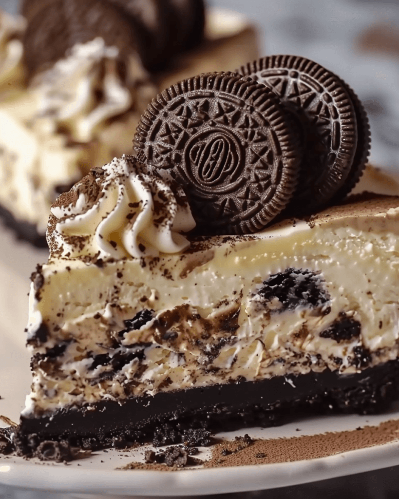 A close-up of a creamy no-bake Oreo cheesecake with a chocolate crust, topped with whipped cream, cocoa powder, and whole Oreo cookies.