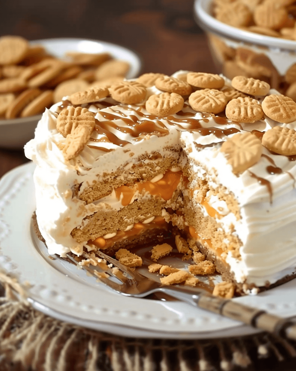 Layered Nutter Butter icebox cake with whipped topping, peanut butter filling, mini cookies on top, and a drizzle of caramel sauce