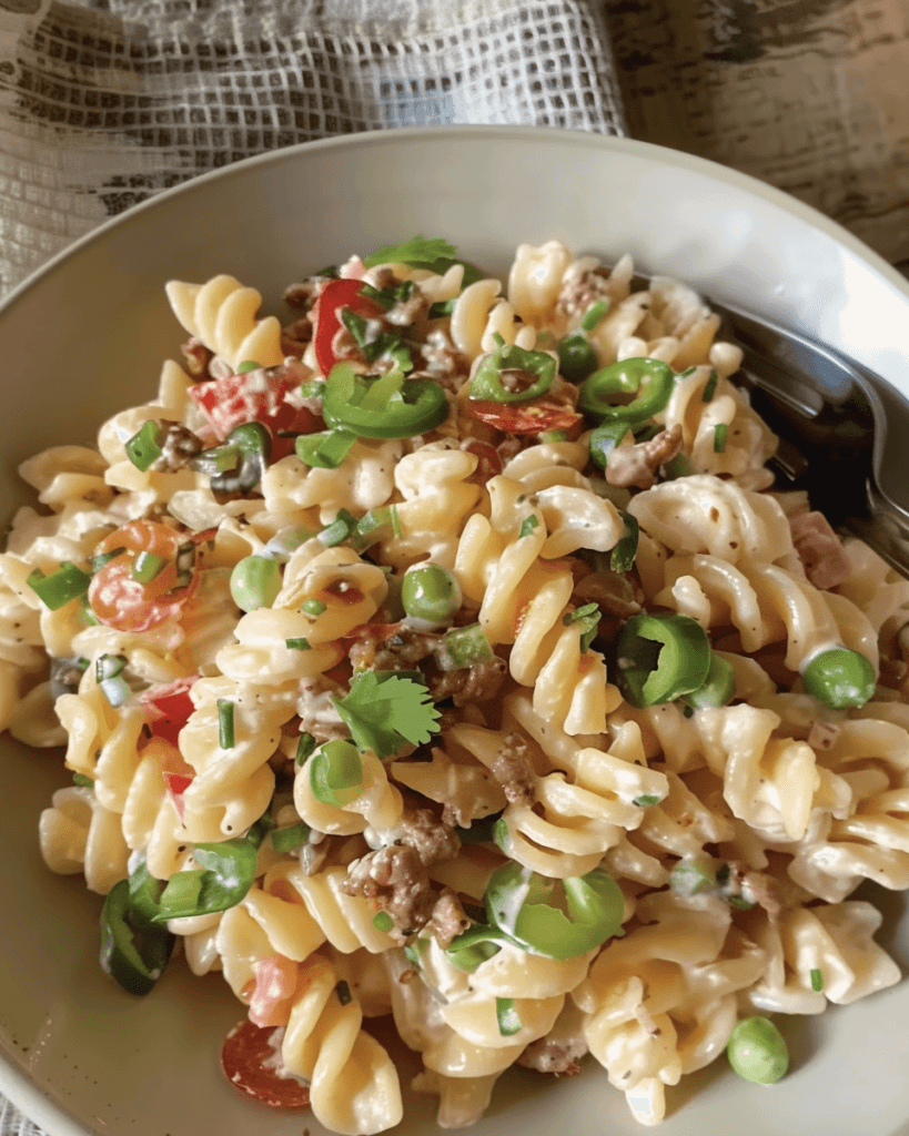Creamy ranch taco pasta salad with rotini, ground beef, peas, cherry tomatoes, jalapeños, and fresh herbs in a white bow