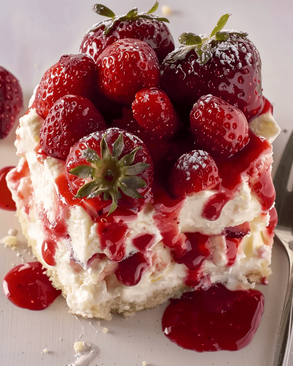 A decadent slice of creamy strawberry tiramisu topped with fresh strawberries, drizzled with strawberry sauce, and dusted with powdered sugar.
