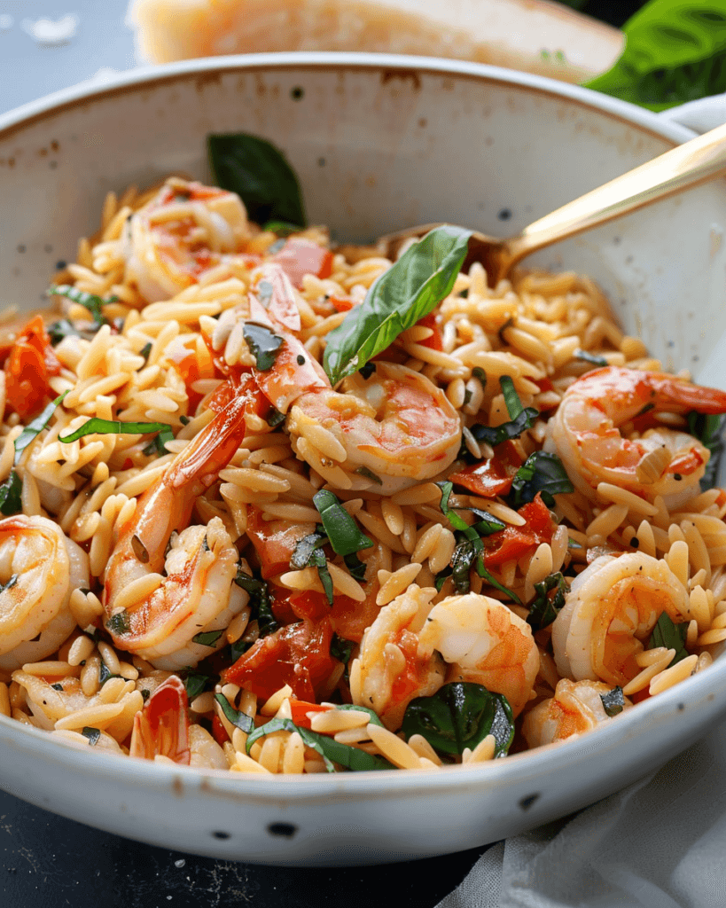 A bowl of creamy Tuscan shrimp and orzo pasta with sun-dried tomatoes, spinach, fresh basil, and plump shrimp, served in a rustic ceramic dish.