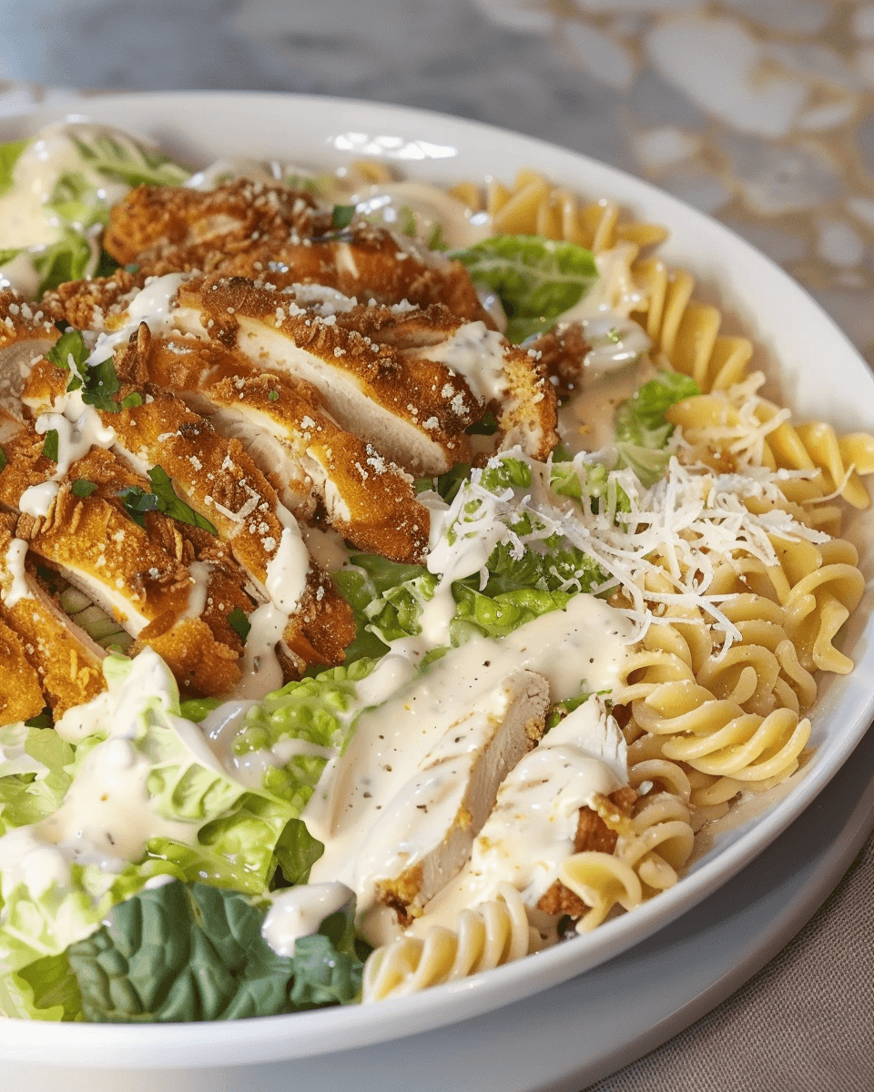 A plate of creamy pasta with crispy golden-brown chicken, fresh romaine lettuce, and Caesar dressing, garnished with Parmesan cheese.