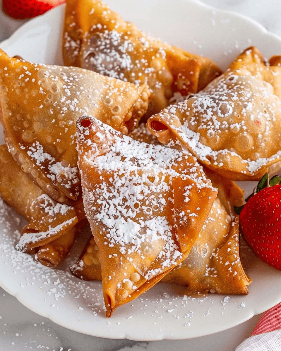 Golden-brown, crispy fried wontons filled with creamy cheesecake, dusted with powdered sugar, and served with fresh strawberries.