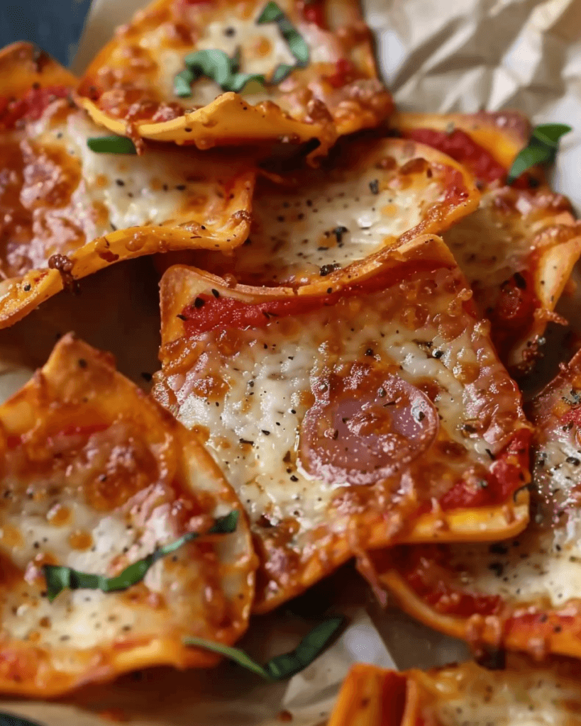 A close-up of crispy pizza chips made with melted cheese, pepperoni, and tomato sauce, garnished with fresh basil.