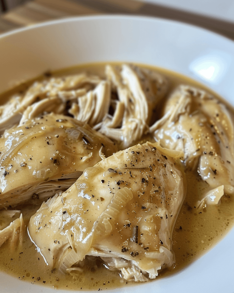 Close-up of tender crockpot chicken breasts smothered in rich onion gravy, served in a white bowl.