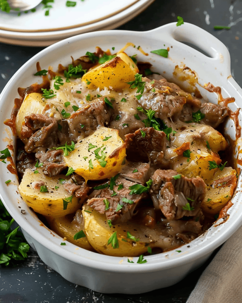 Slow-cooked steak and potatoes in a creamy, cheesy sauce, garnished with fresh parsley in a white baking dish.