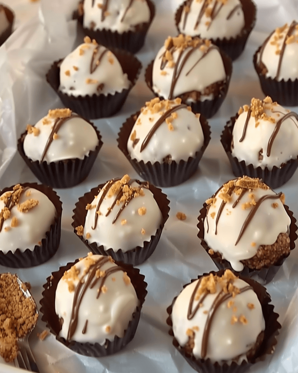 No-bake Butterfinger balls coated in white chocolate, drizzled with milk chocolate, and topped with crushed candy in brown wrappers