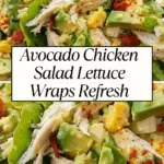 Fresh avocado chicken salad with shredded chicken, avocado, corn, green onions, and paprika, served in crisp lettuce wraps.