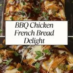 Crispy French bread topped with shredded BBQ chicken, melted cheese, barbecue sauce, and fresh herbs, served on a wooden board.