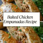 Golden-brown baked chicken empanadas with a crispy crust, filled with savory shredded chicken, garnished with fresh herbs, and served with dipping sauce.