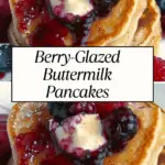A stack of fluffy buttermilk pancakes topped with a pat of butter, berry glaze, and fresh berries