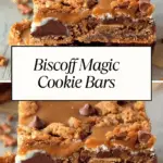 Stacked Biscoff Magic Cookie Bars with chocolate chips, cookie crumble, and gooey caramel drizzle on a rustic wooden surface