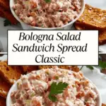A bowl of creamy bologna salad sandwich spread garnished with parsley, served with crispy toast on a rustic plate.