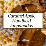 Close-up of a caramel apple handheld empanada with a golden lattice crust, filled with spiced apple slices and dripping with caramel sauce.