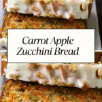 A delicious loaf of Carrot Apple Zucchini Bread with a moist texture, topped with a creamy glaze and chopped nuts, sliced to reveal fresh ingredients.