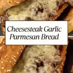 Cheesesteak garlic Parmesan bread with melted cheese and seasoned steak on a sesame roll, served with fries on a slate platter