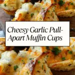 Close-up of golden cheesy garlic pull-apart muffin cups topped with herbs, served on a wooden board.