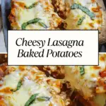 Cheesy lasagna stuffed baked potatoes topped with fresh basil and melted mozzarella in a baking dish.