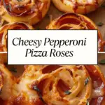 Close-up of baked cheesy pepperoni pizza roses arranged on a wooden board with herbs.